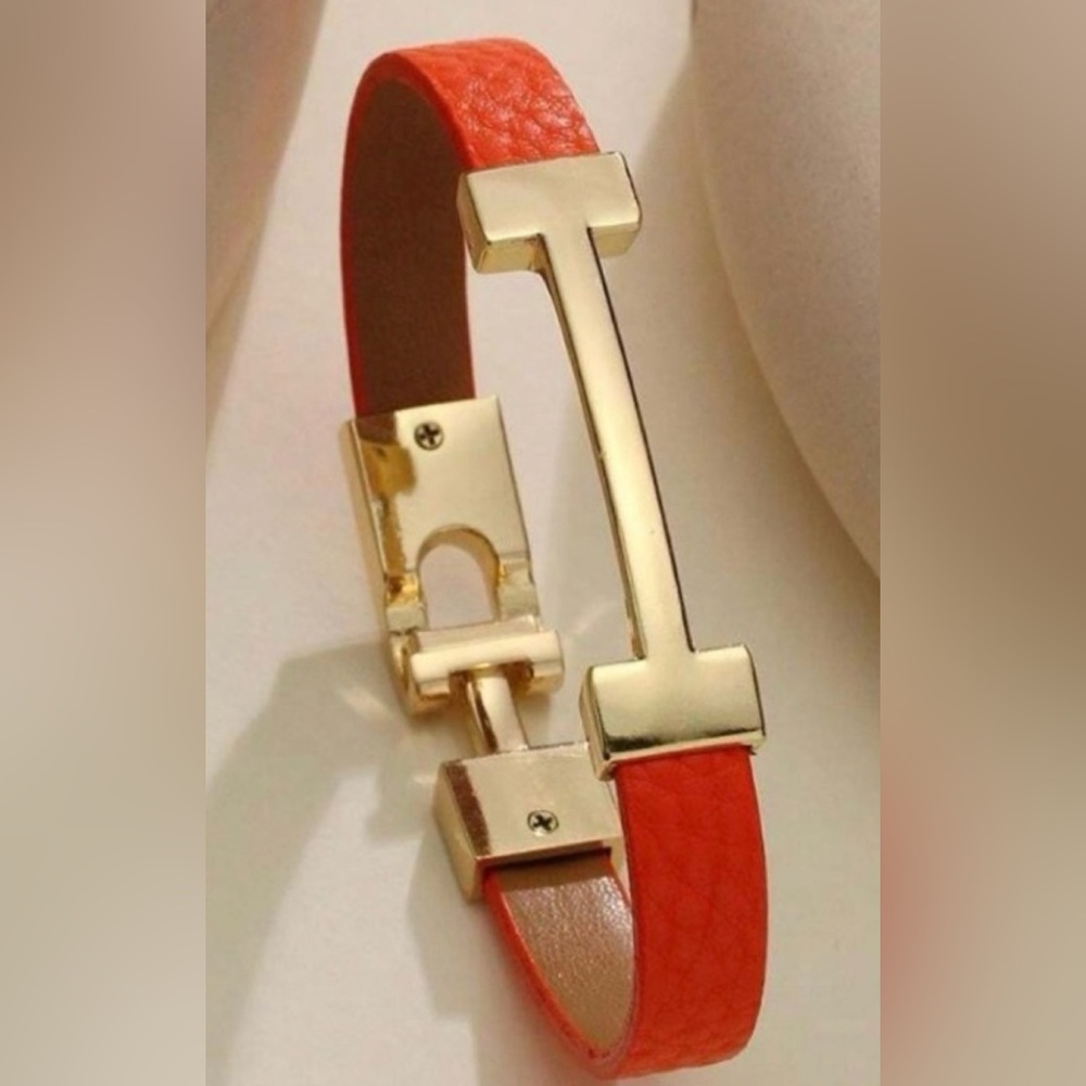 Orange Leather Bracelet with Gold Clasp